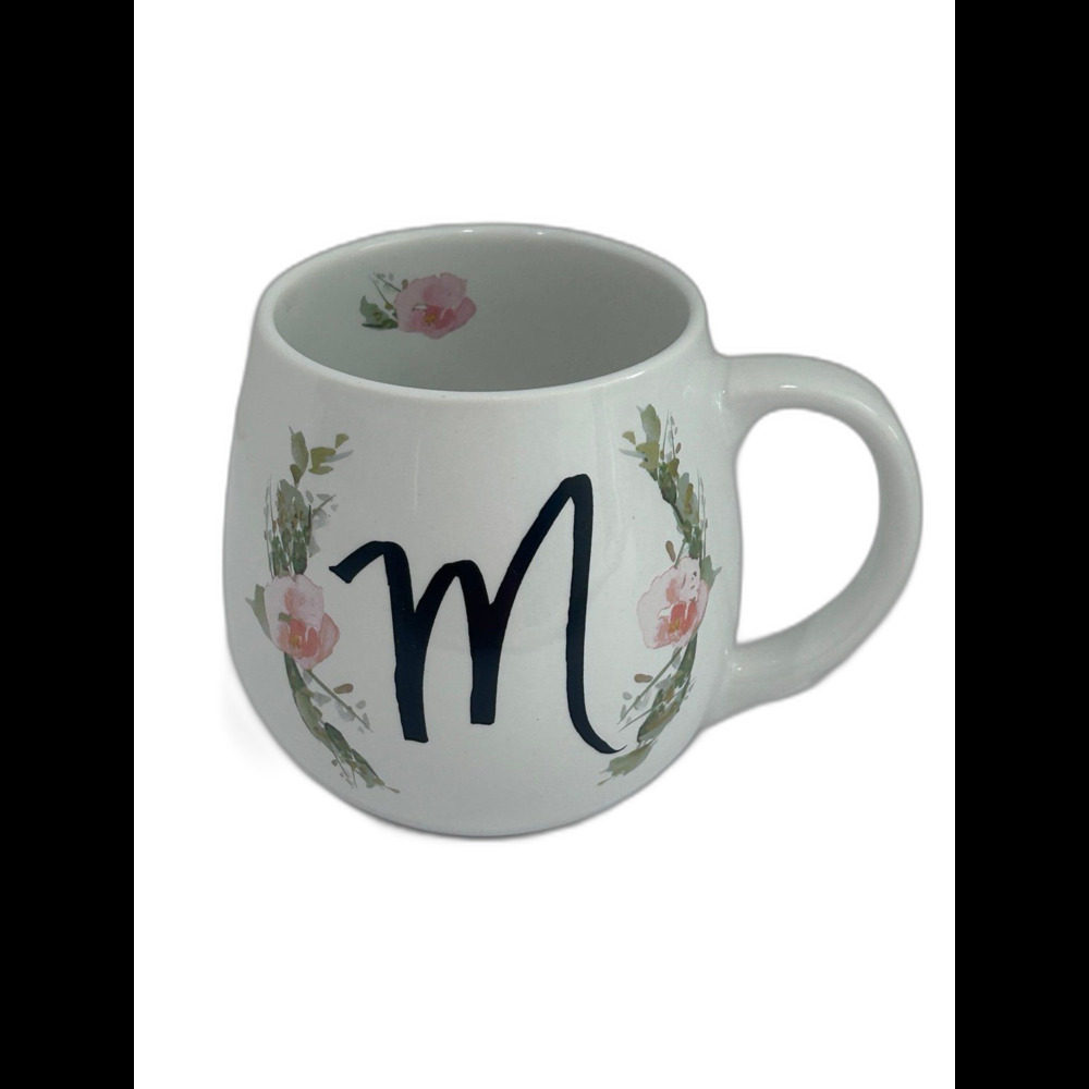 Prima Design Ceramic Mug Monogram “M” Initial Color White/Pink/Green LNWOT